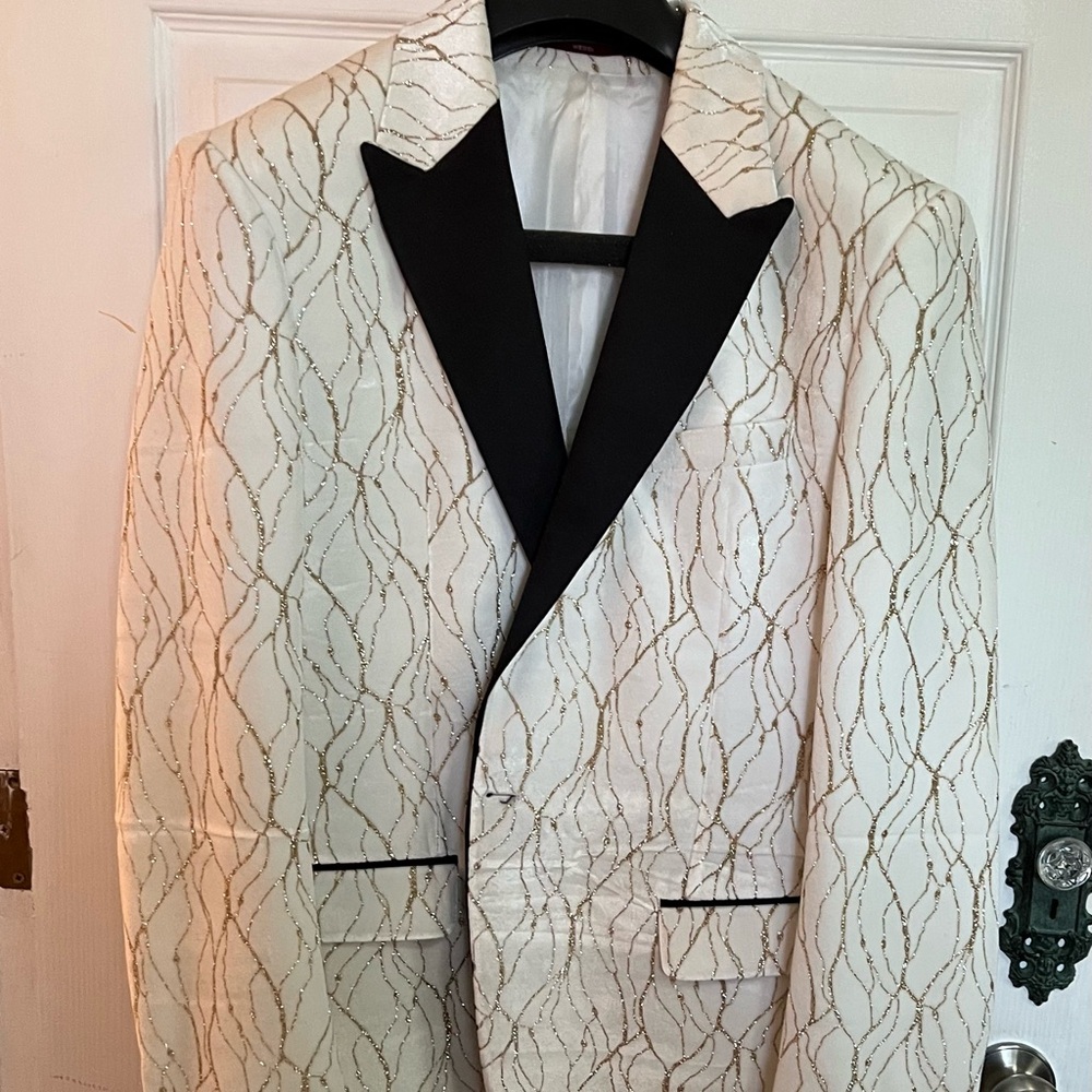 Stylish White and Gold Tuxedo with Black Lapel